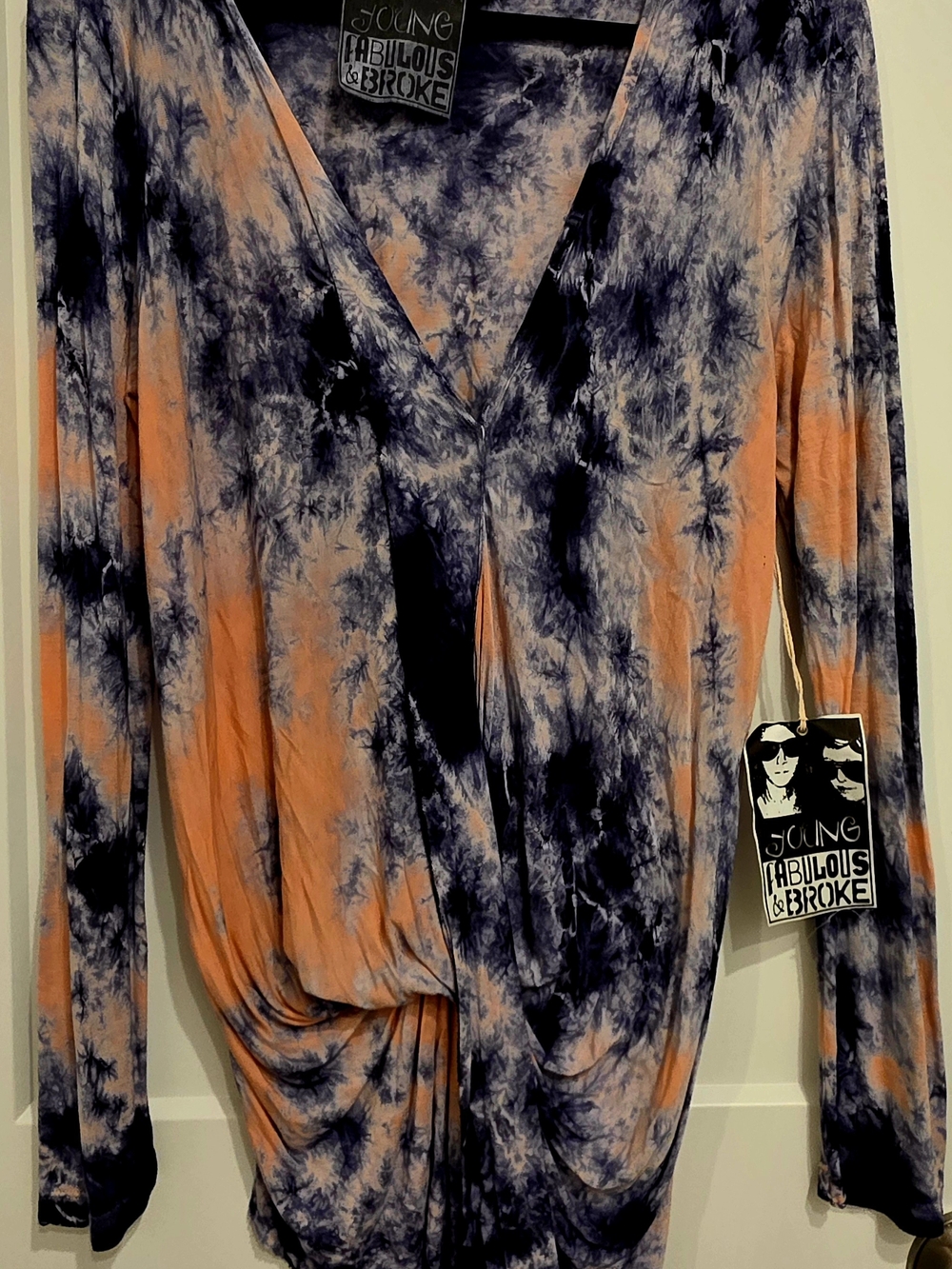 Young Fabulous & Broke Long-Sleeve Tie-Dye Wrap Top in Orange and Navy